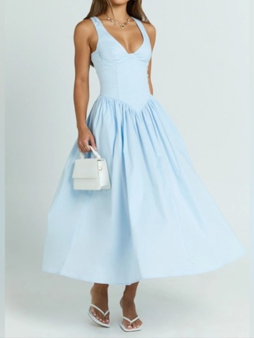 Showpo Beckett Blue Midi Dress Scoop  Neck Drop V Waist Gathered Skirt Dress 10